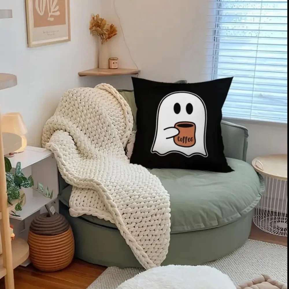 GHOST DRINKING COFFEE PILLOW COVER-NEW